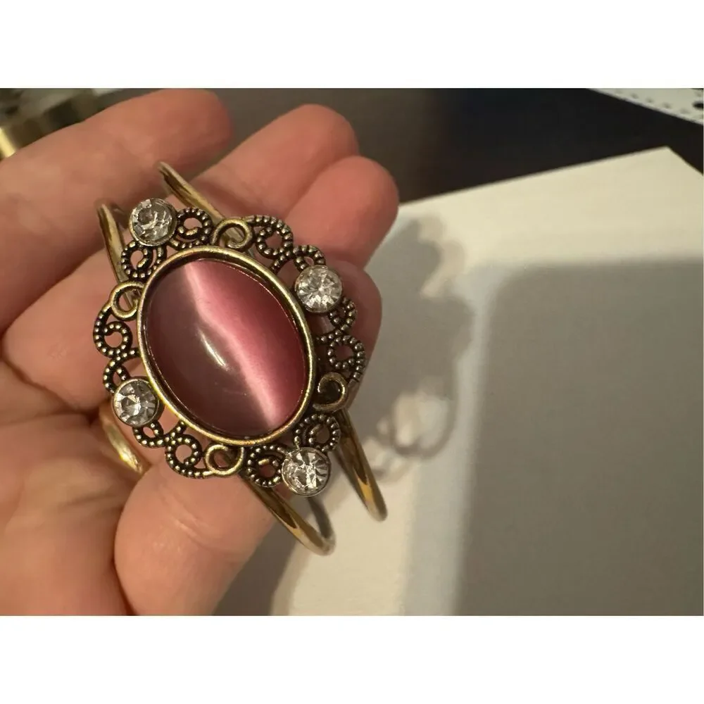 Vintage oval cats eye brass art deco statement cuff bracelet